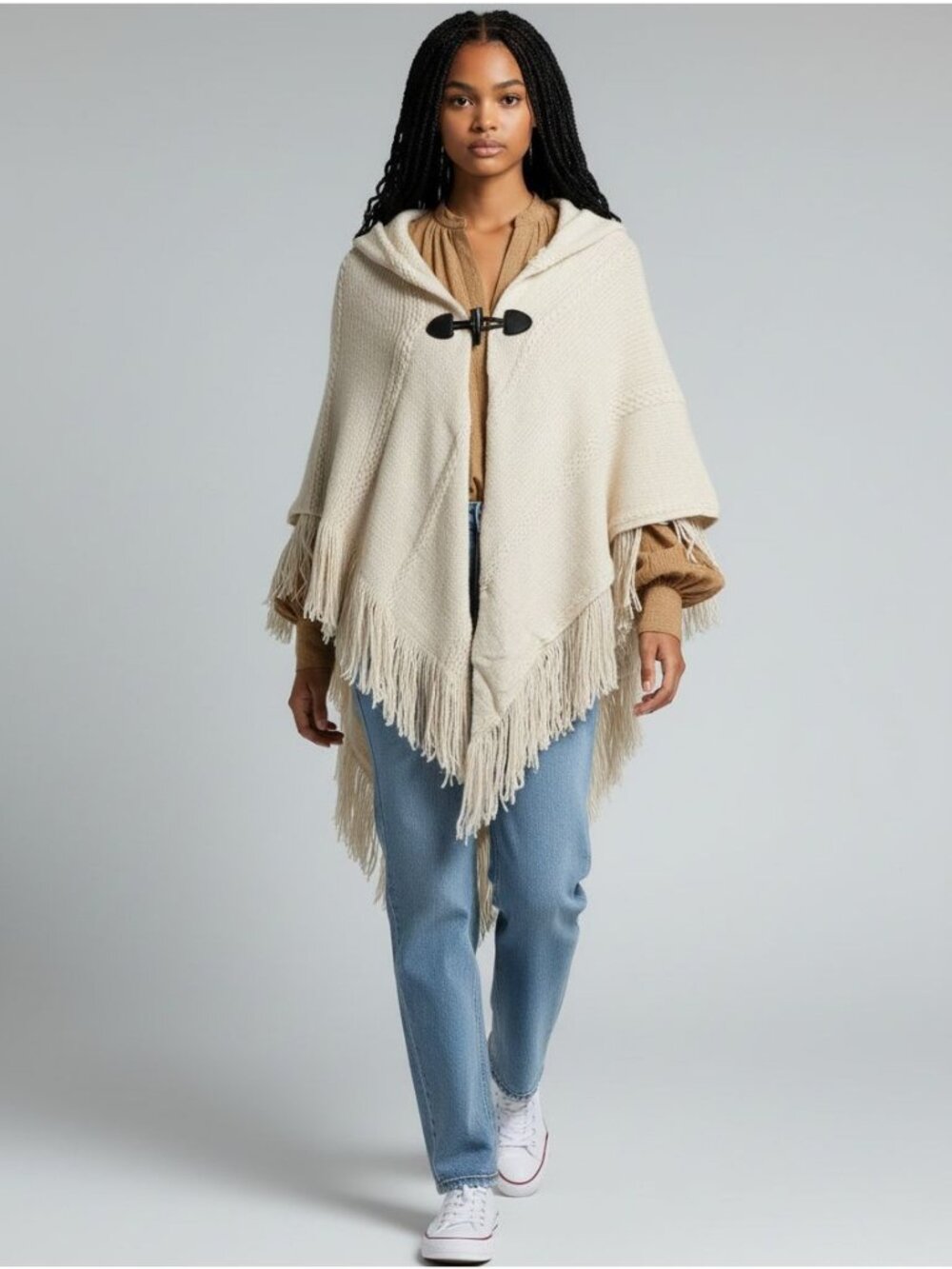 New Charter Club Womens Ivory Raschel-Knit Poncho Wrap With Toggle Closure & Fri - Picture 1 of 12